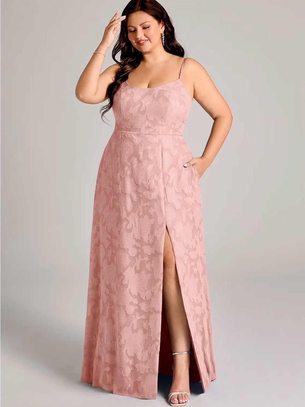 Azazie Moira Rosette Plus-Size Blush Pink Lace Bridesmaid Dress with Front Slit